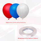 25pcs Red, White, Blue Balloons  & White Ribbon Set