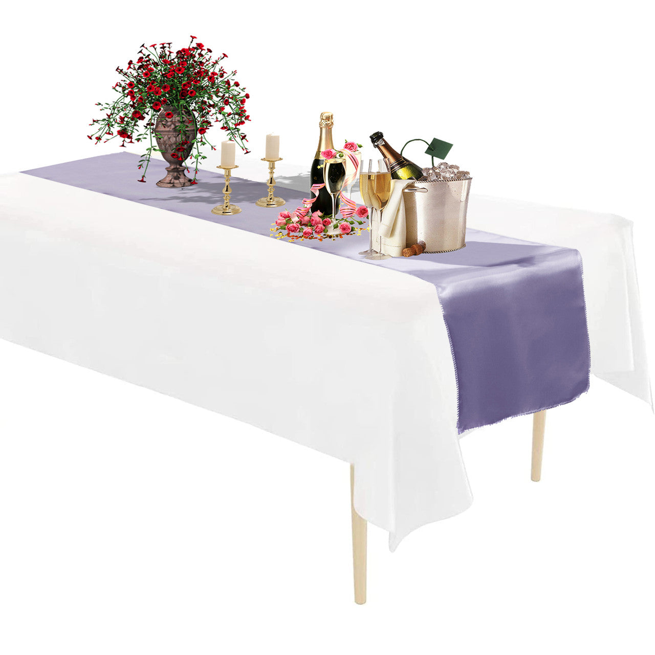 Plastic Tablecloth and Satin Table Runner Set - White & Lavender