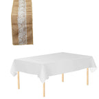 Plastic Tablecloth and Hesian Table Runner Set - White & Lace Hessian