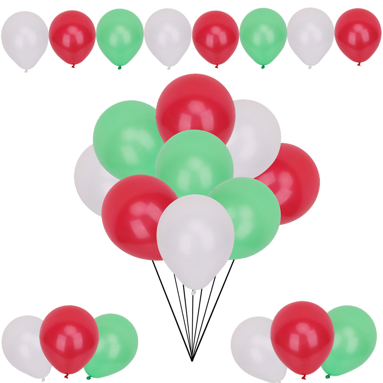 10" Helium-Quality Latex Plain Balloons - Green, White & Red