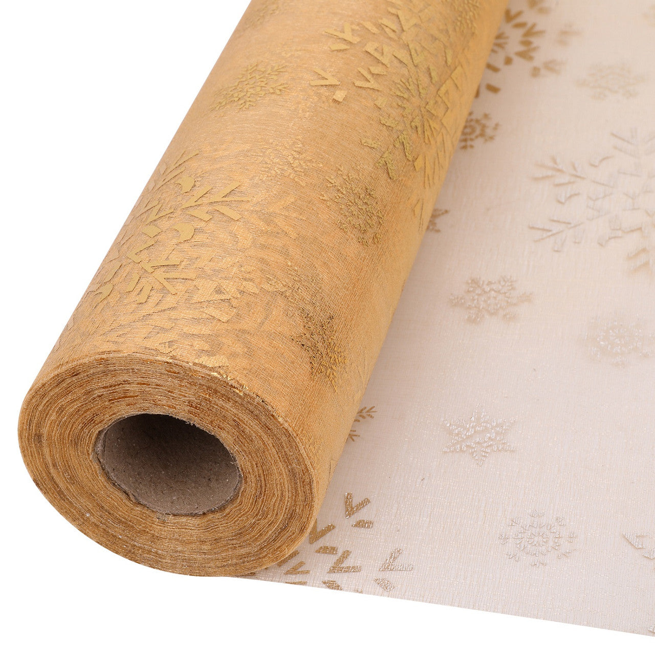 25m x 29cm Organza Roll - Gold Snow Flake Print