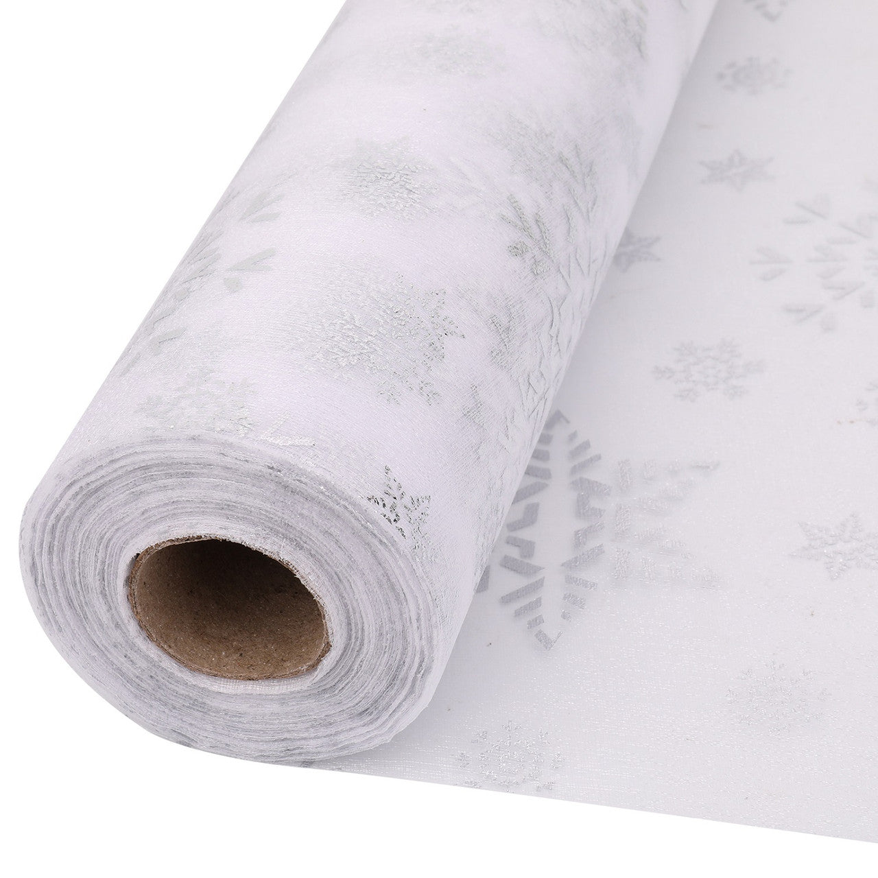 25m x 29cm Organza Roll - Silver Snow Flake Print