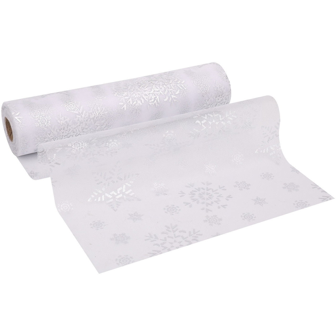 25m x 29cm Organza Roll - Silver Snow Flake Print