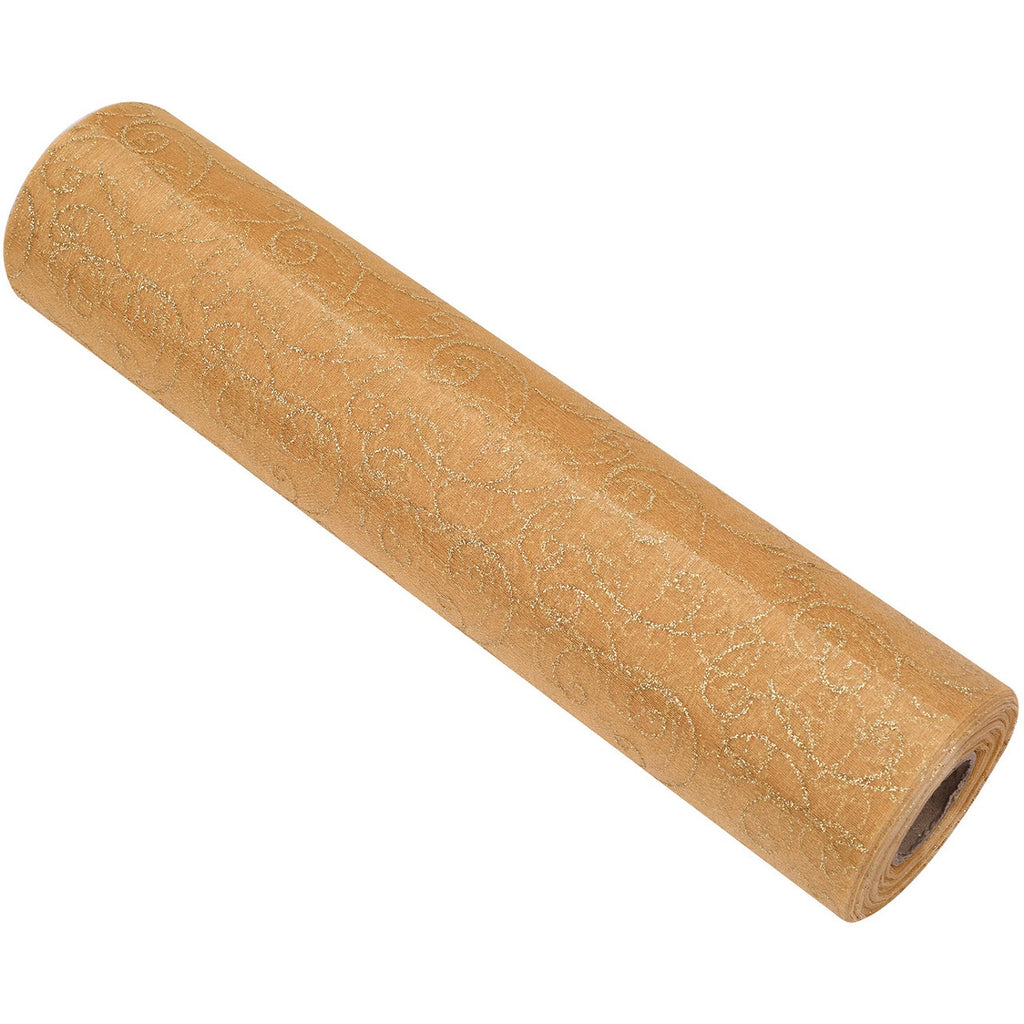 25m x 29cm Organza Roll - Gold Flocked Design