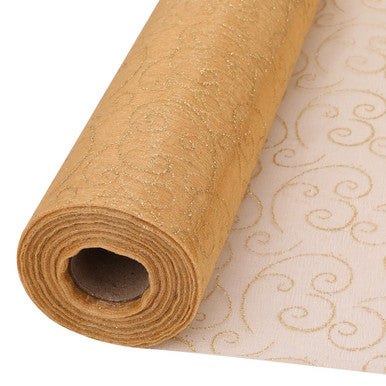 25m x 29cm Organza Roll - Gold Flocked Design