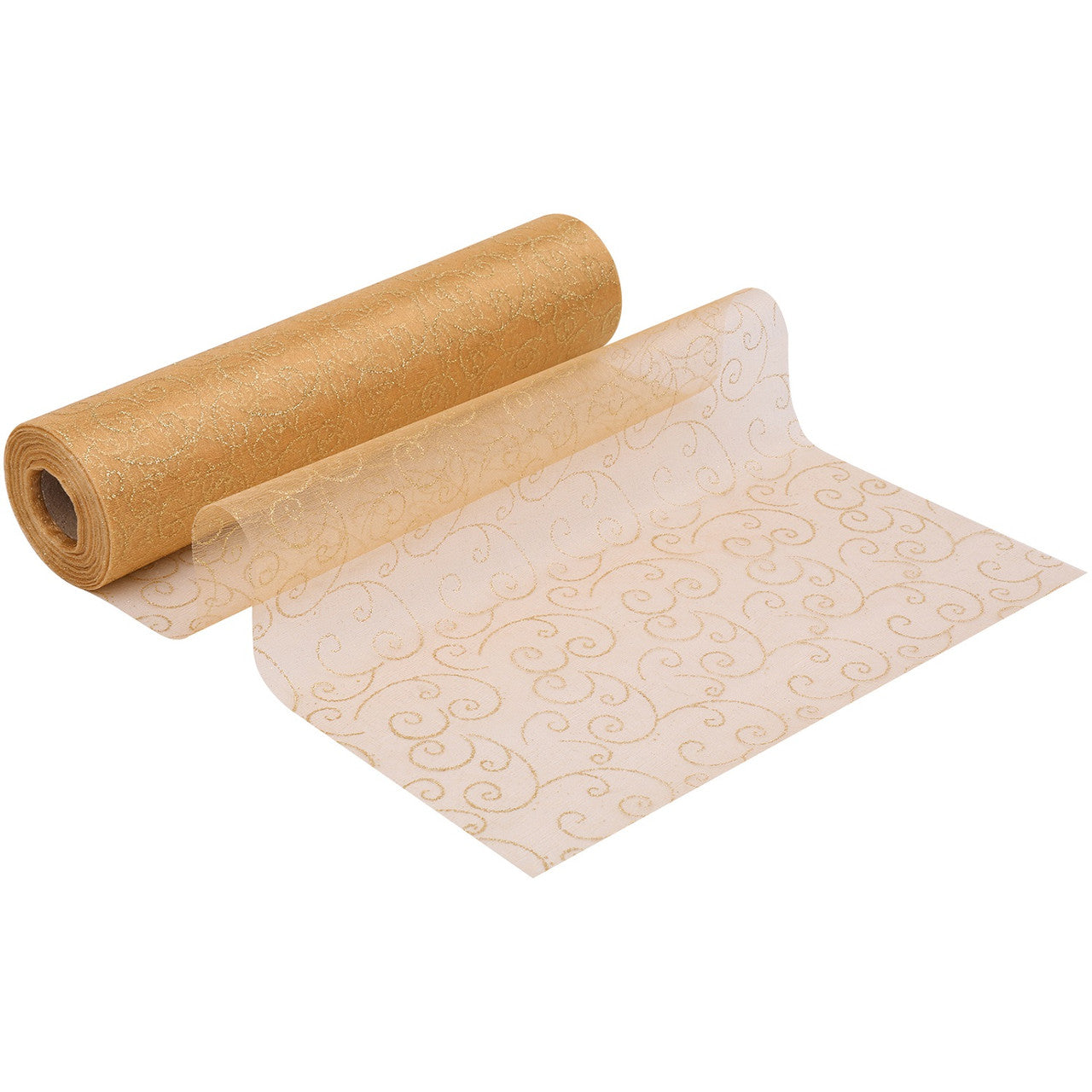 25m x 29cm Organza Roll - Gold Flocked Design
