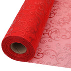 25m x 29cm Organza Roll - Red Flocked Design