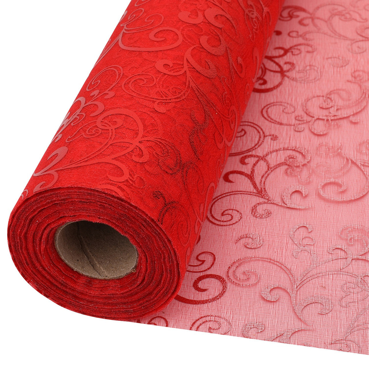 25m x 29cm Organza Roll - Red Flocked Design
