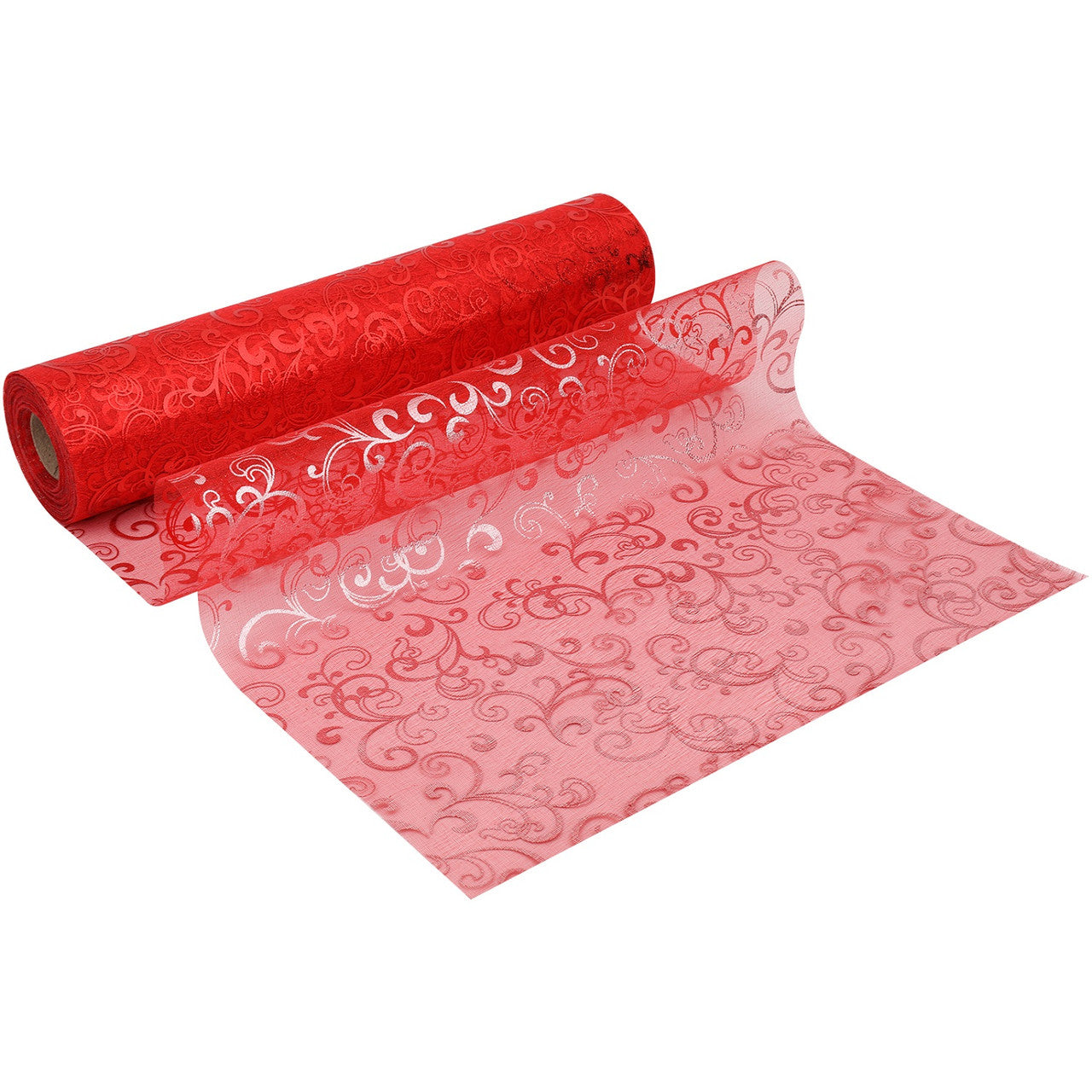 25m x 29cm Organza Roll - Red Flocked Design