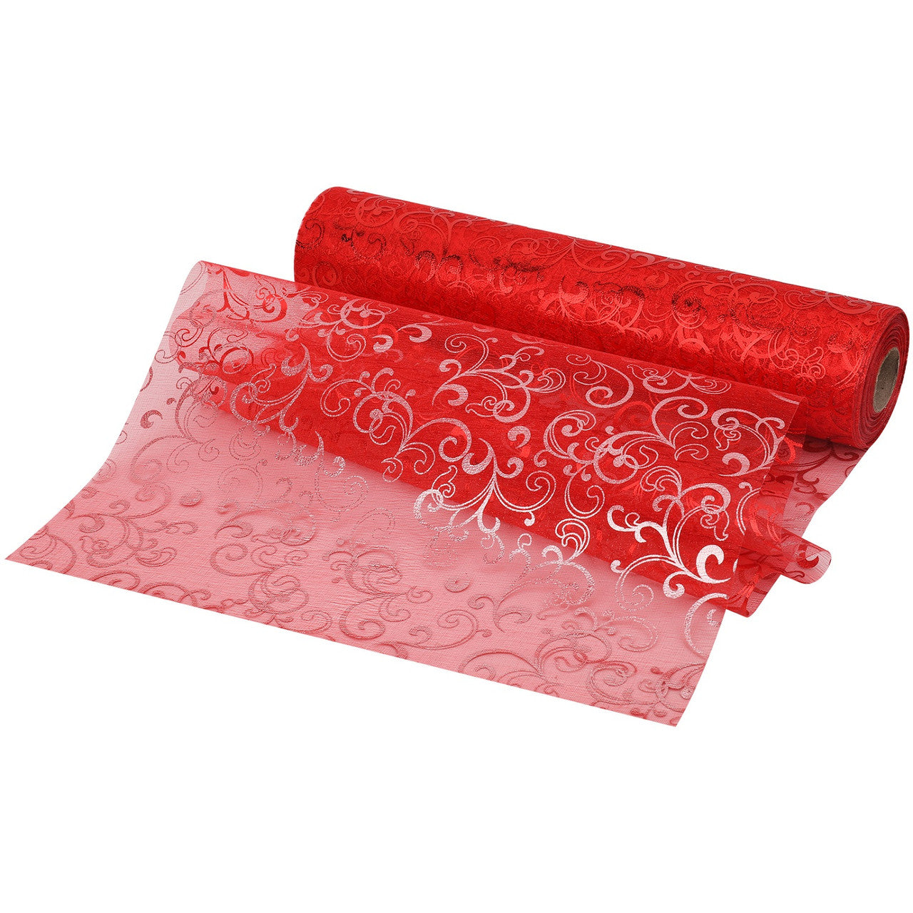 25m x 29cm Organza Roll - Red Flocked Design