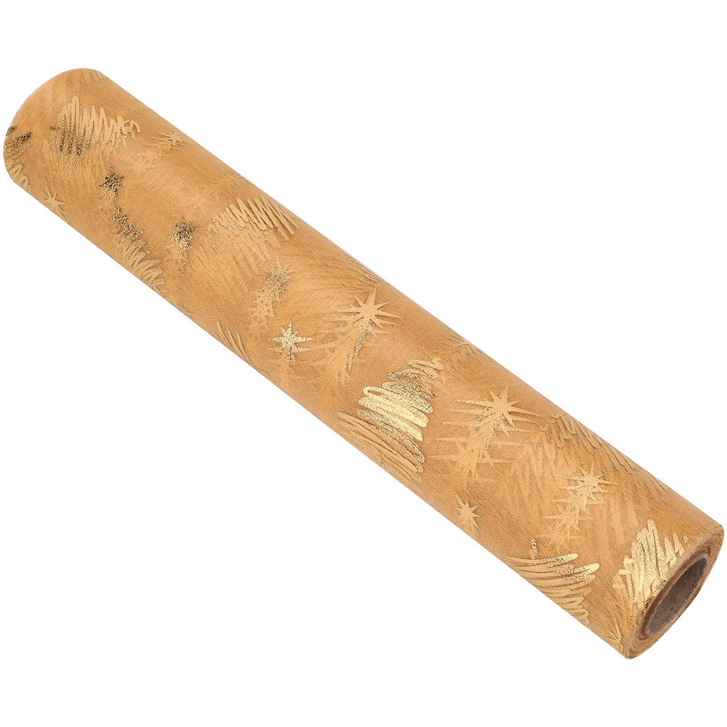 25m x 29cm Organza Roll - Gold Xmas Tree Print