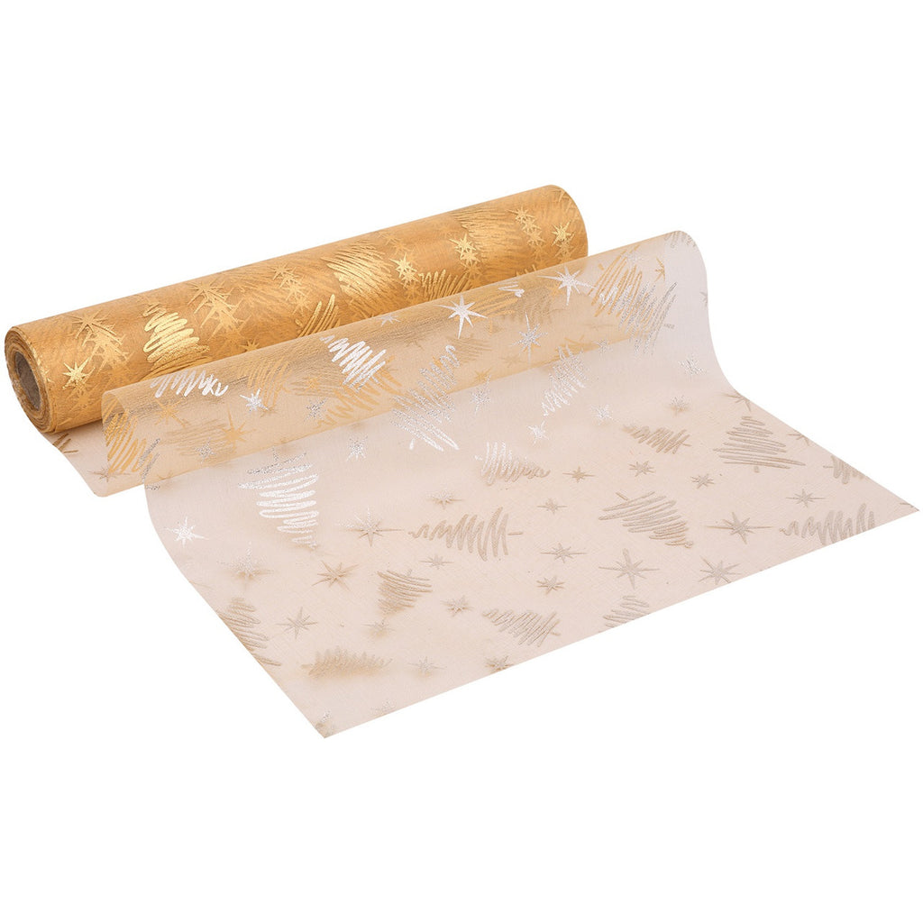 25m x 29cm Organza Roll - Gold Xmas Tree Print