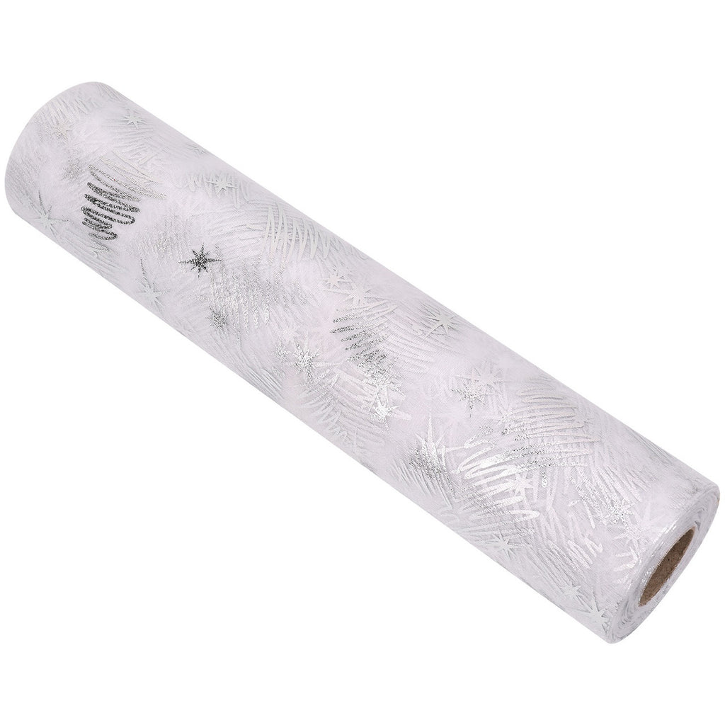 25m x 29cm Organza Roll - Silver Xmas Tree Print