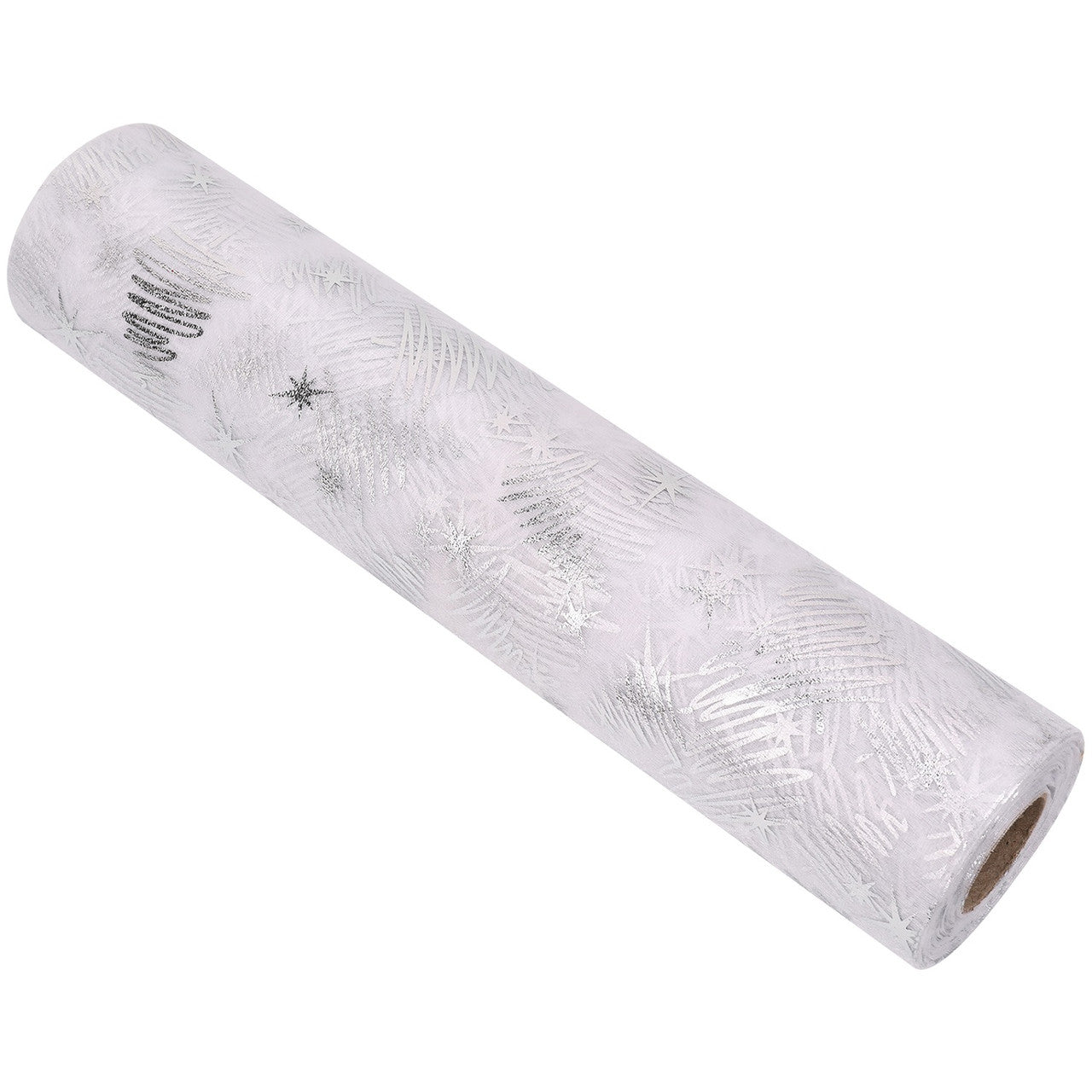 25m x 29cm Organza Roll - Silver Xmas Tree Print