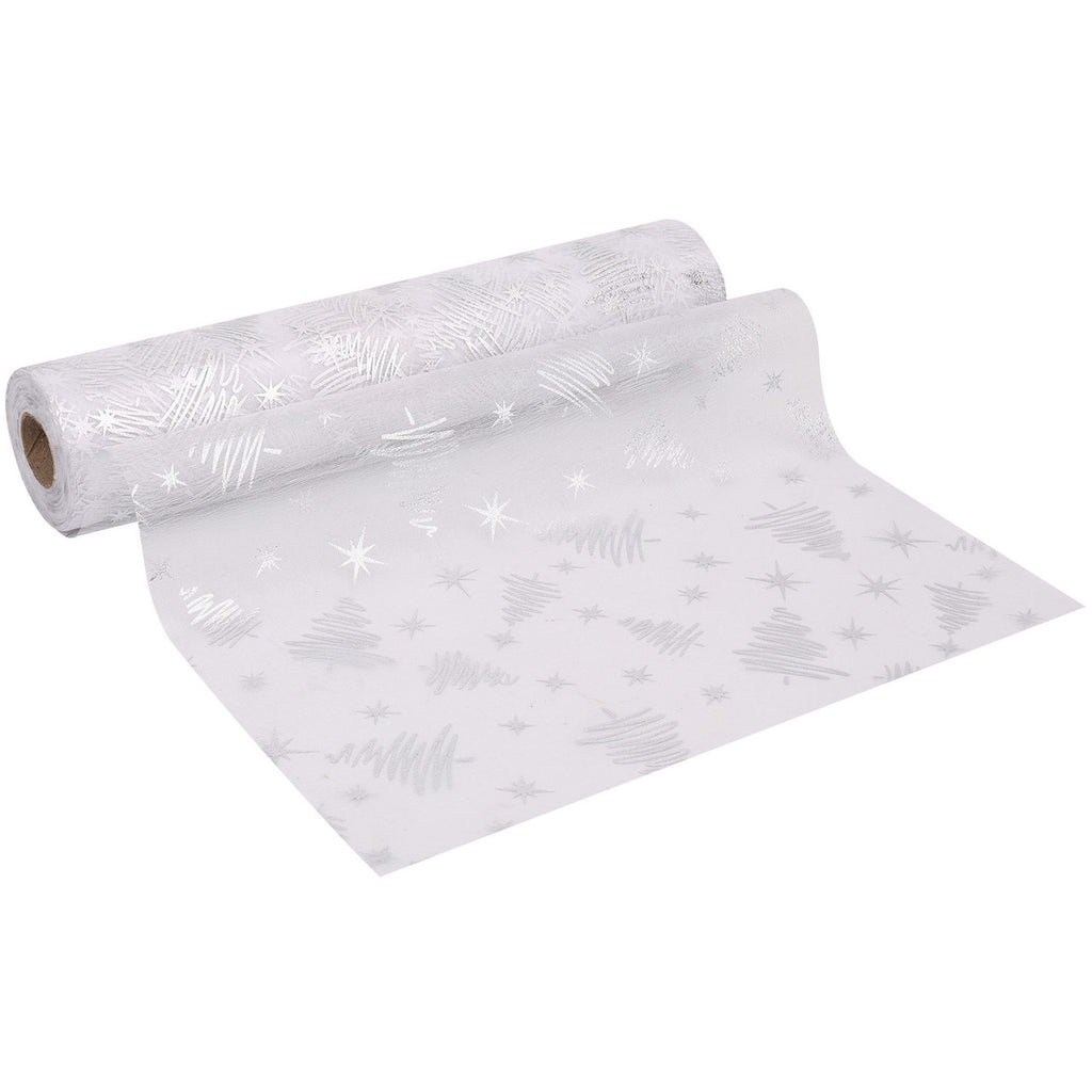 25m x 29cm Organza Roll - Silver Xmas Tree Print