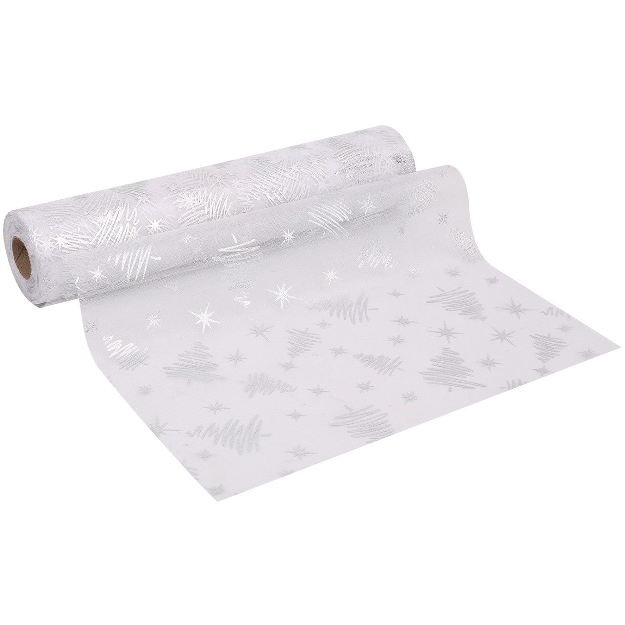 25m x 29cm Organza Roll - Silver Xmas Tree Print