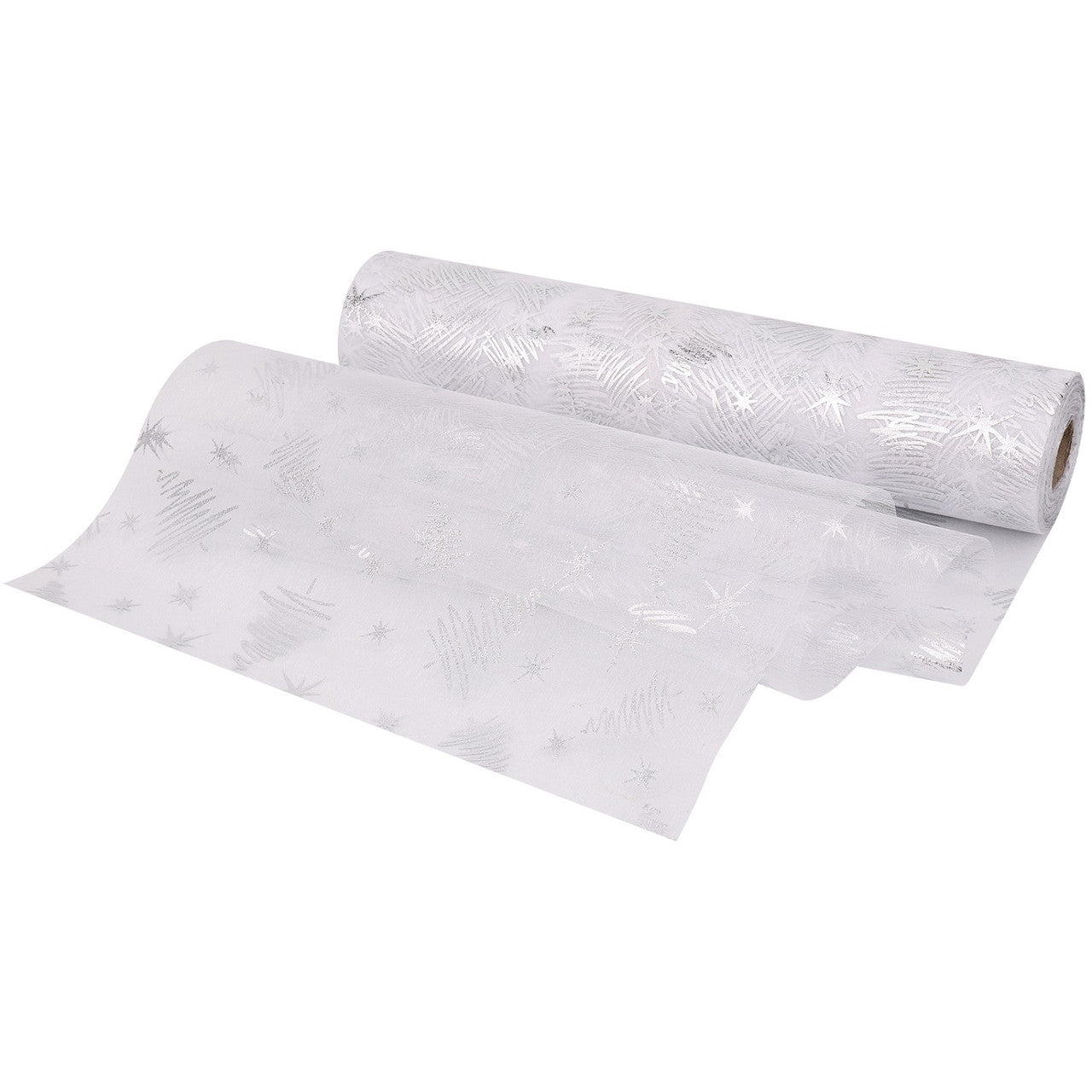 25m x 29cm Organza Roll - Silver Xmas Tree Print