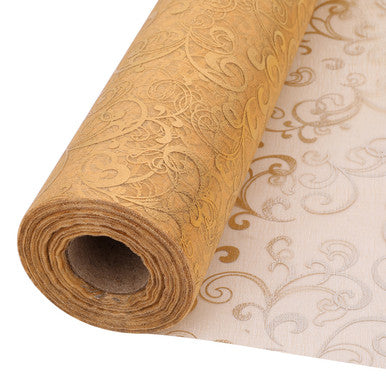 25m x 29cm Organza Roll - Gold Flocked Swirl Design Print