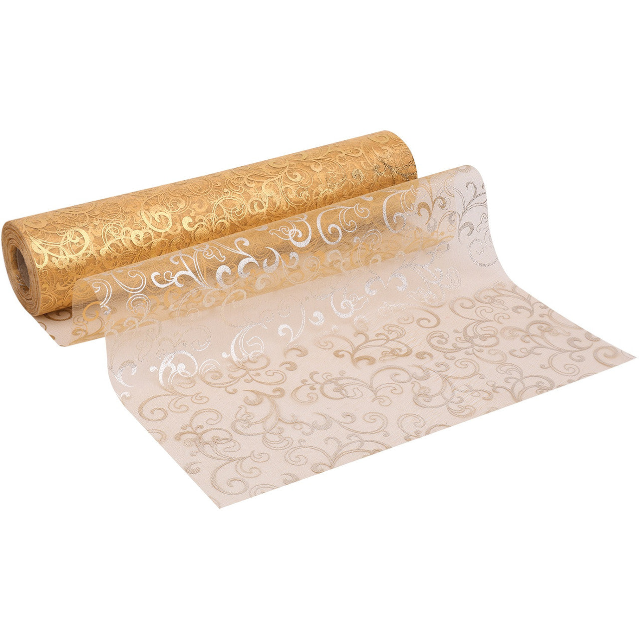 25m x 29cm Organza Roll - Gold Flocked Swirl Design Print