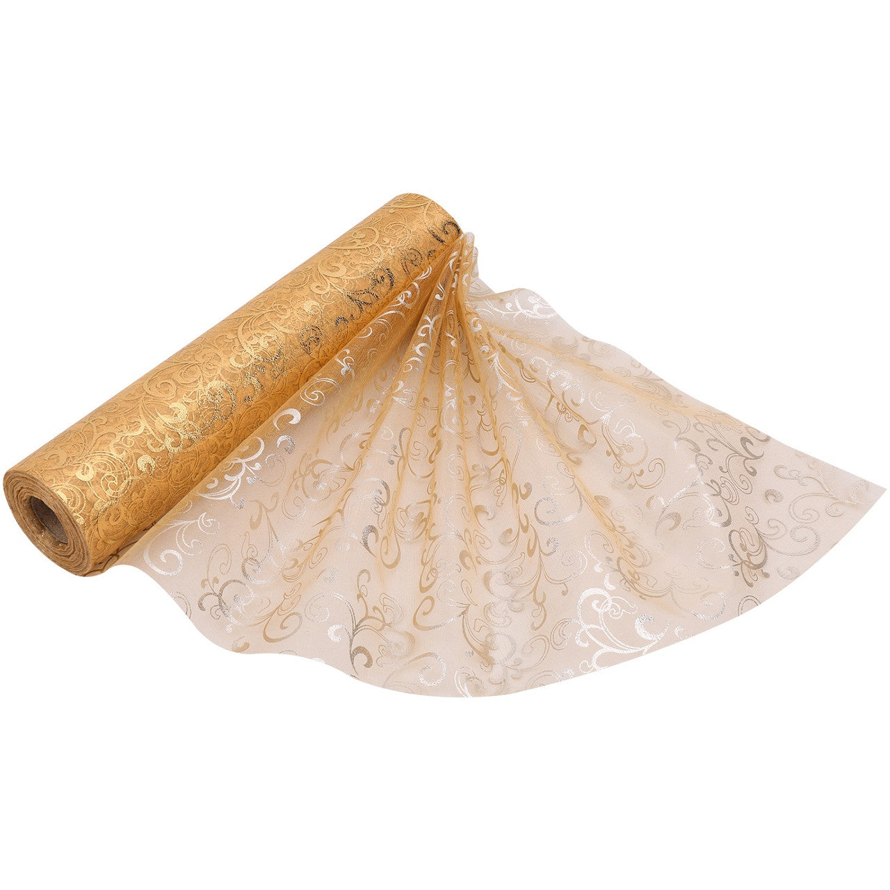 25m x 29cm Organza Roll - Gold Flocked Swirl Design Print