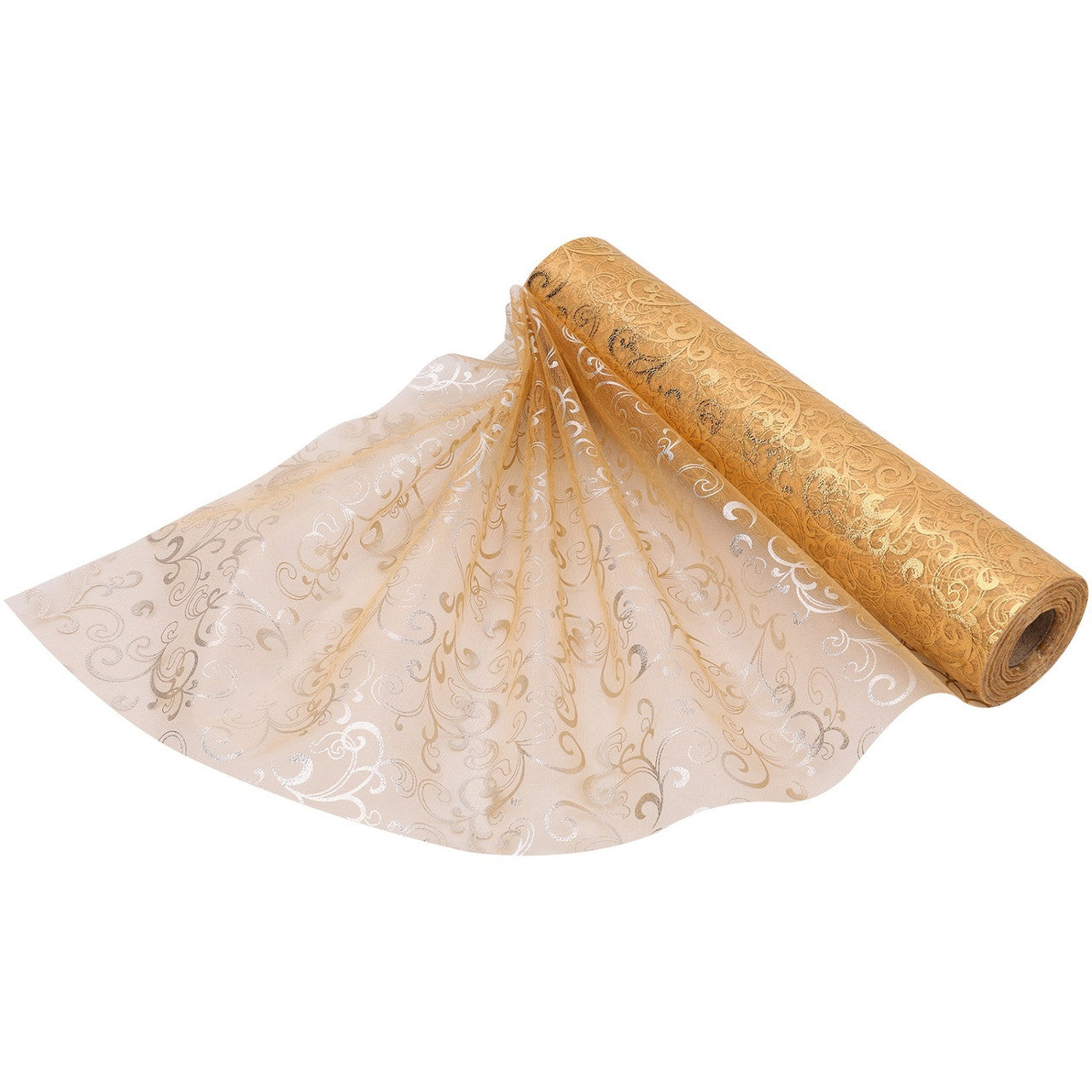 25m x 29cm Organza Roll - Gold Flocked Swirl Design Print