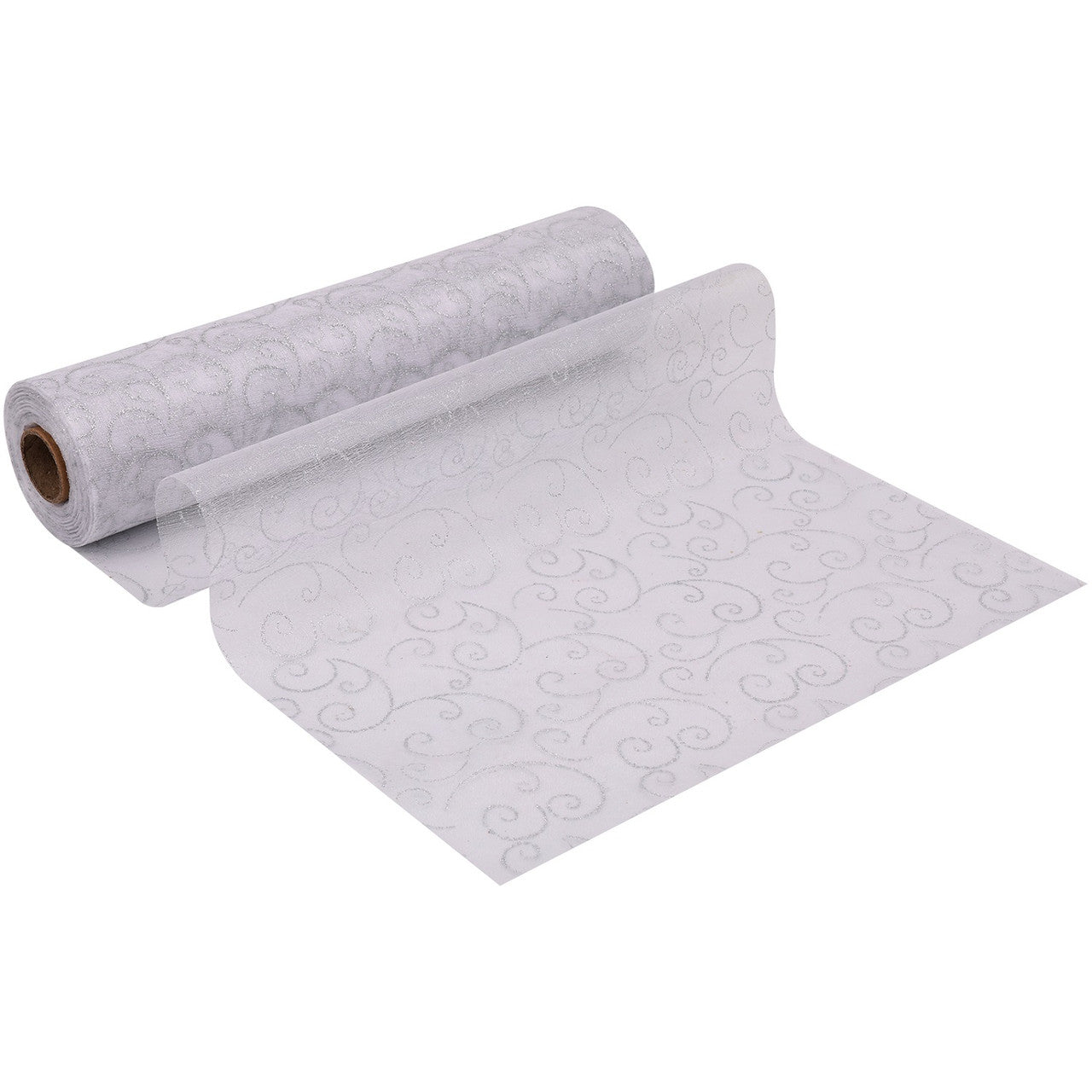 25m x 29cm Organza Roll - Silver Flocked Swirl Design Print