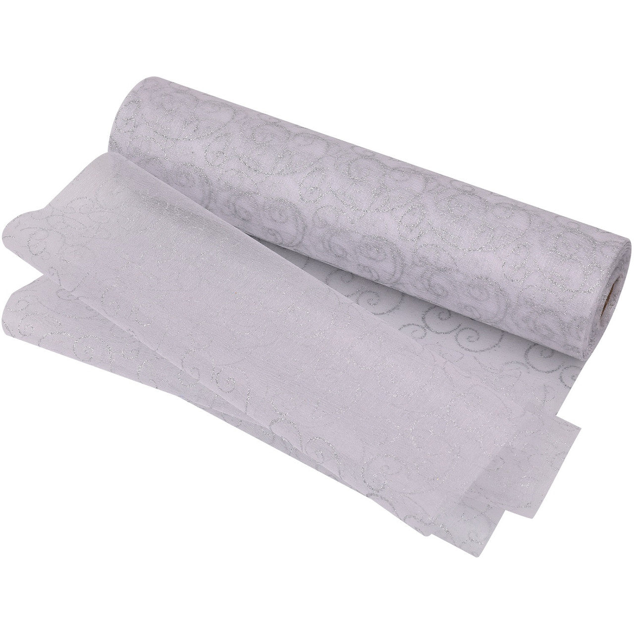 25m x 29cm Organza Roll - Silver Flocked Swirl Design Print