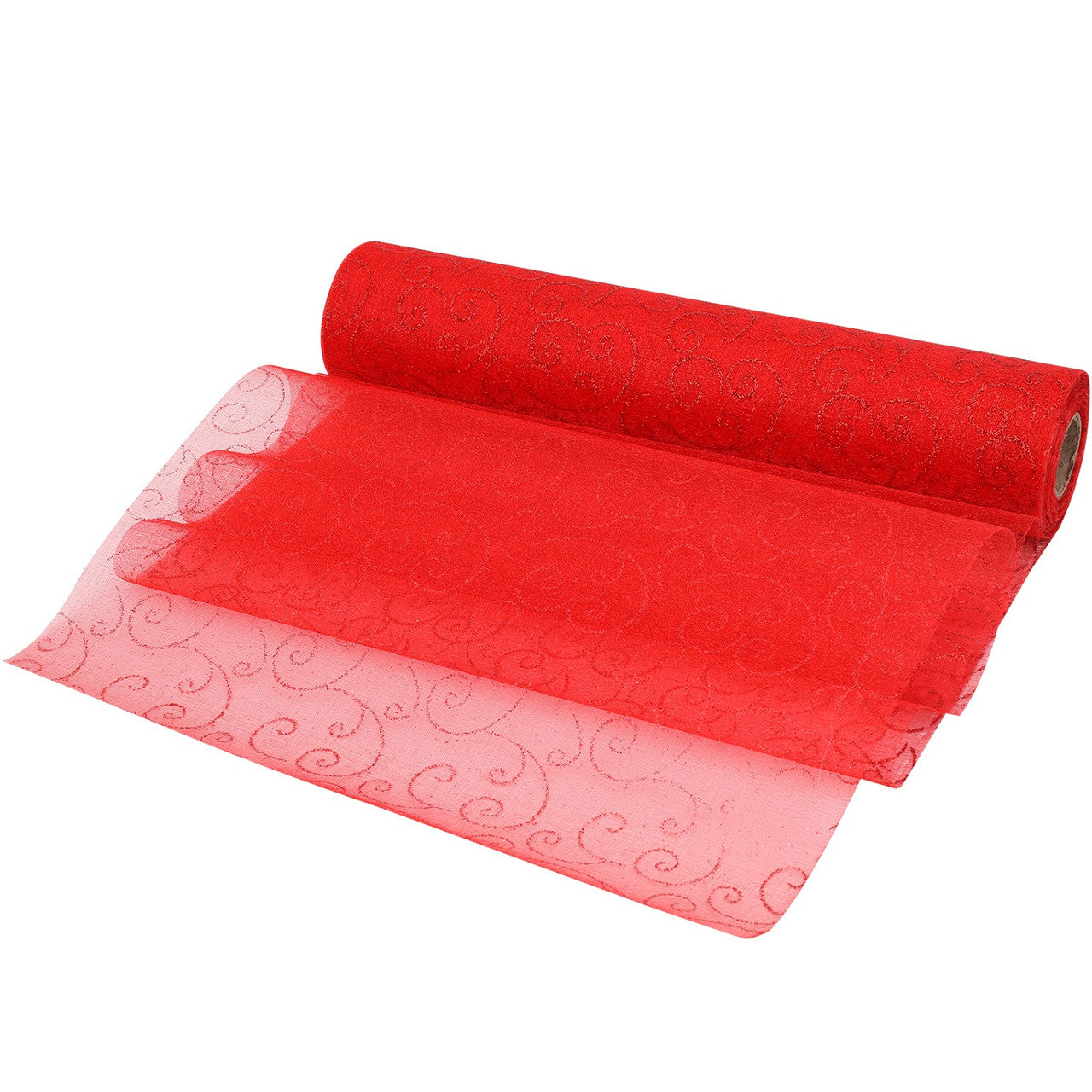 25m x 29cm Organza Roll - Red Flocked Swirl Design Print
