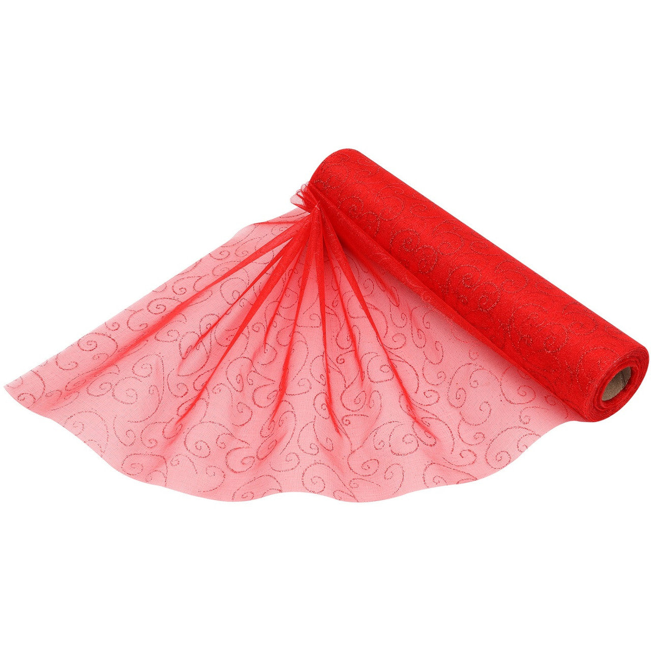 25m x 29cm Organza Roll - Red Flocked Swirl Design Print