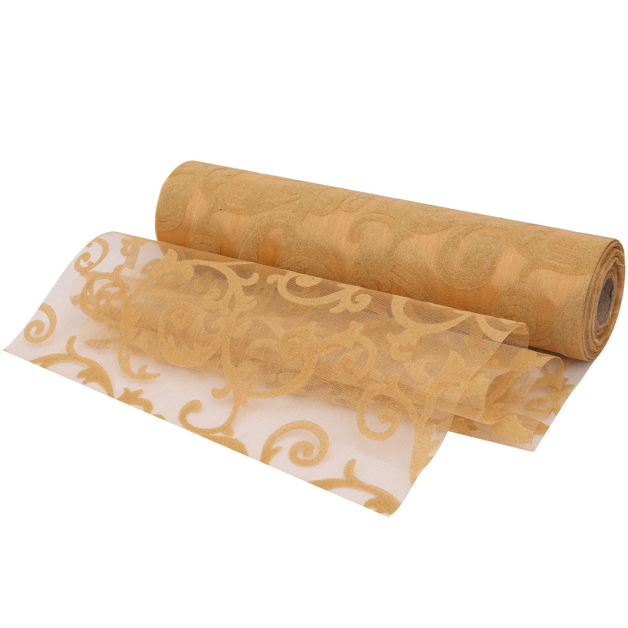 25m x 29cm Organza Roll - Gold Large Flocked Design Print