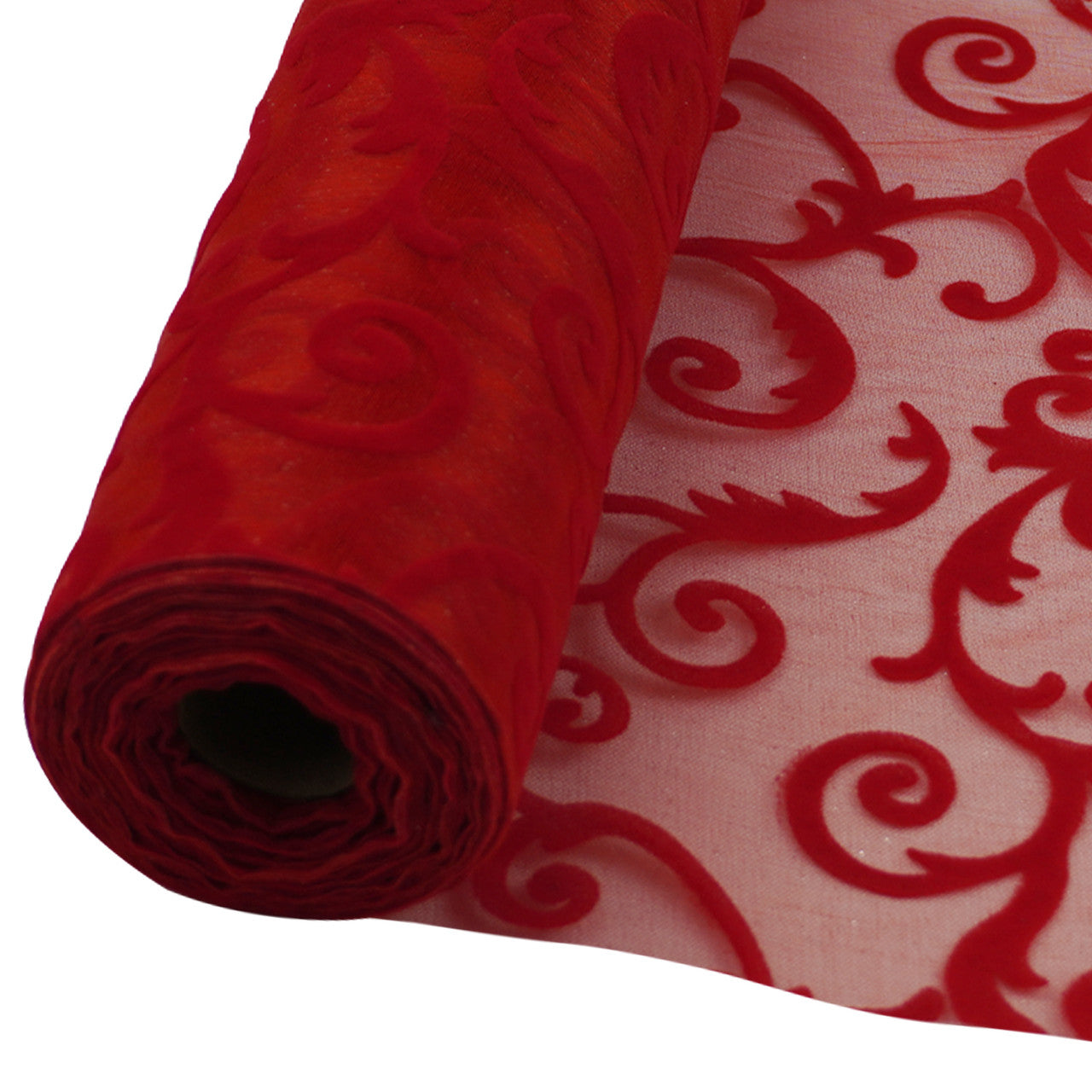25m x 29cm Organza Roll - Red Large Flocked Design Print