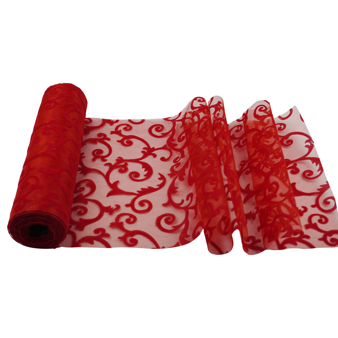 25m x 29cm Organza Roll - Red Large Flocked Design Print