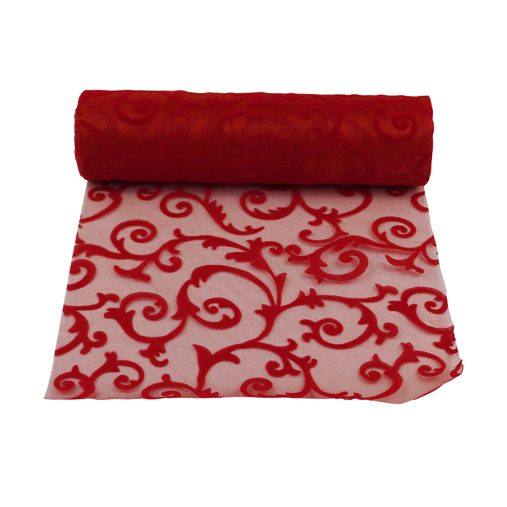 25m x 29cm Organza Roll - Red Large Flocked Design Print