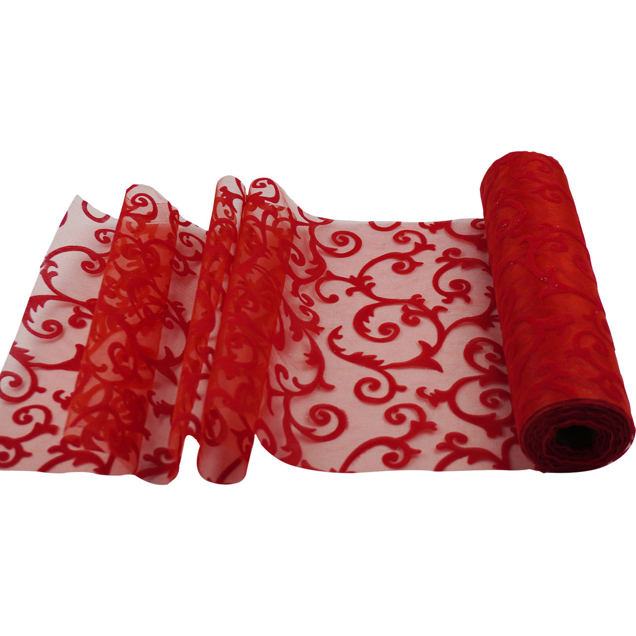 25m x 29cm Organza Roll - Red Large Flocked Design Print
