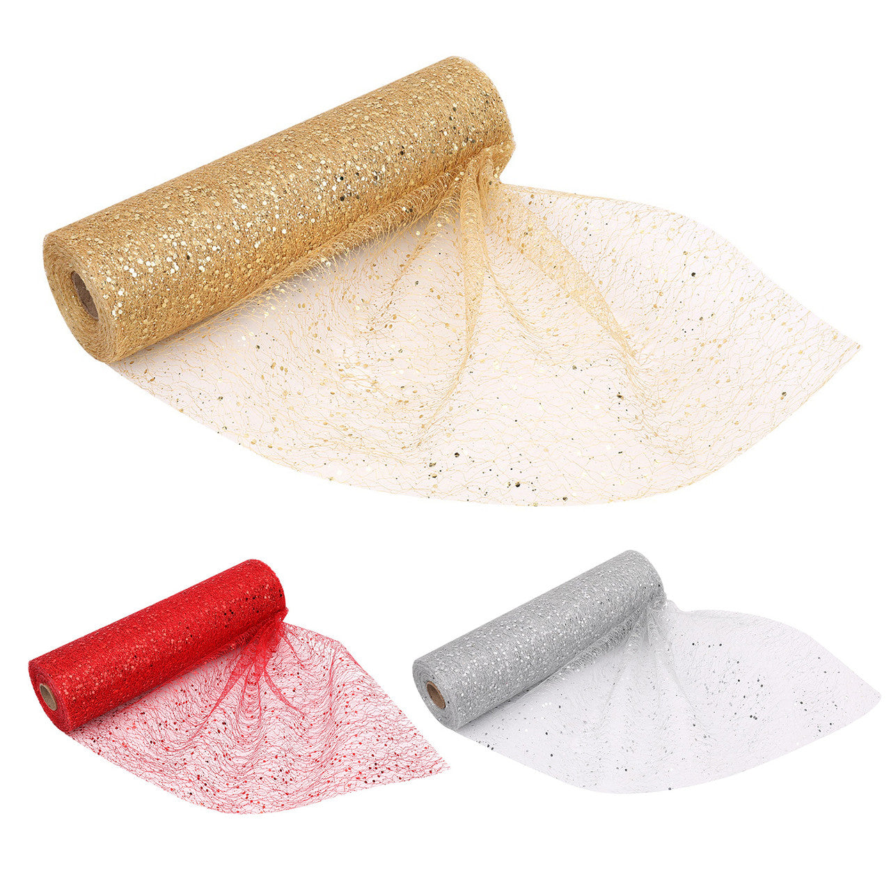 Organza Rolls - Sparkle Glitter Sequin - 29cm x 25m - (Pack of 3) - Gold, Silver, Red