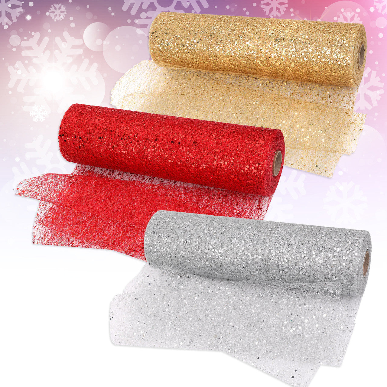 Organza Rolls - Sparkle Glitter Sequin - 29cm x 25m - (Pack of 3) - Gold, Silver, Red