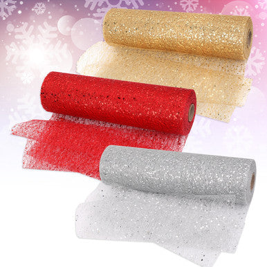 Organza Rolls - Sparkle Glitter Sequin - 29cm x 25m - (Pack of 3) - Gold, Silver, Red