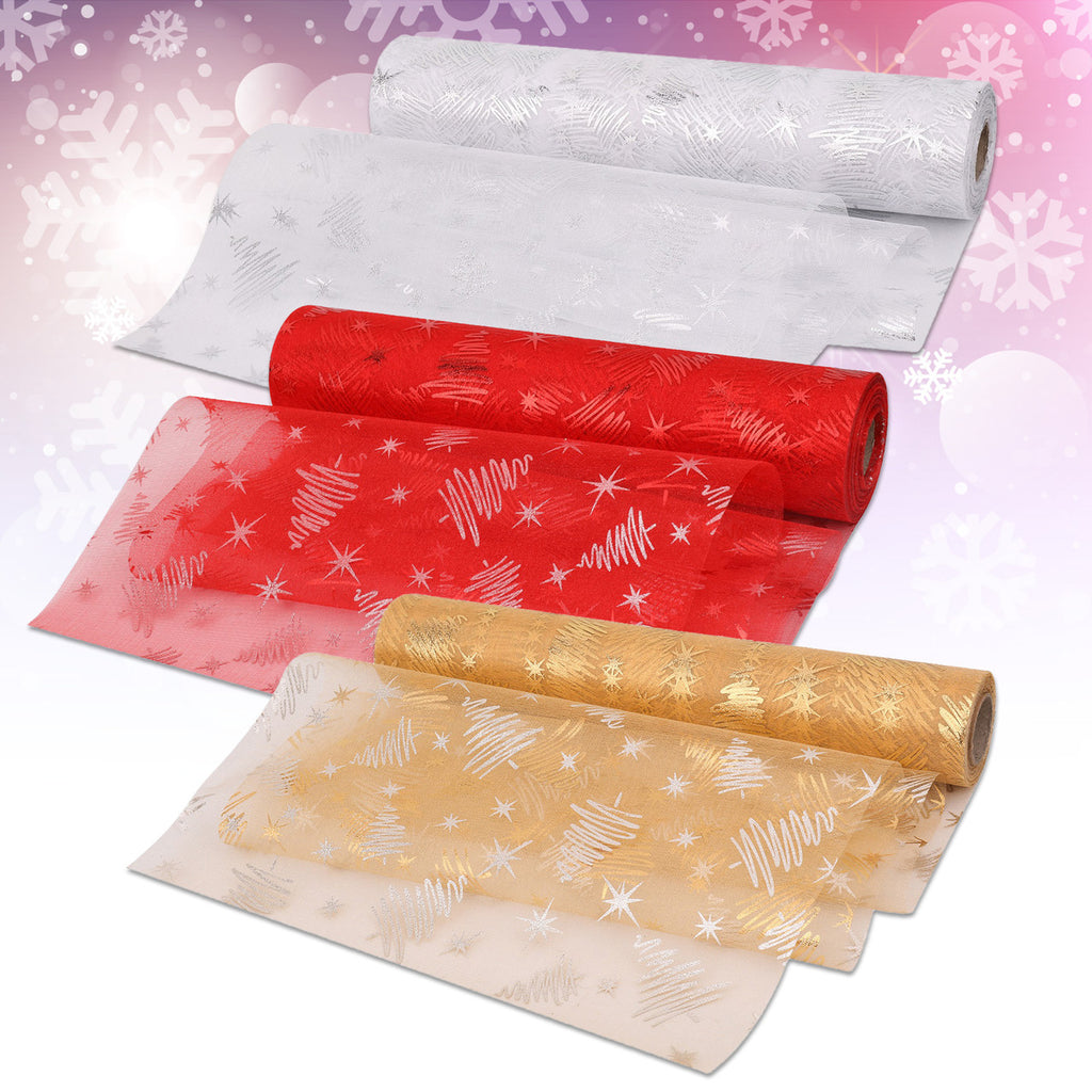 Organza Rolls - Xmas Tree Print - 29cm x 25m - (Pack of 3) - Gold, Silver, Red