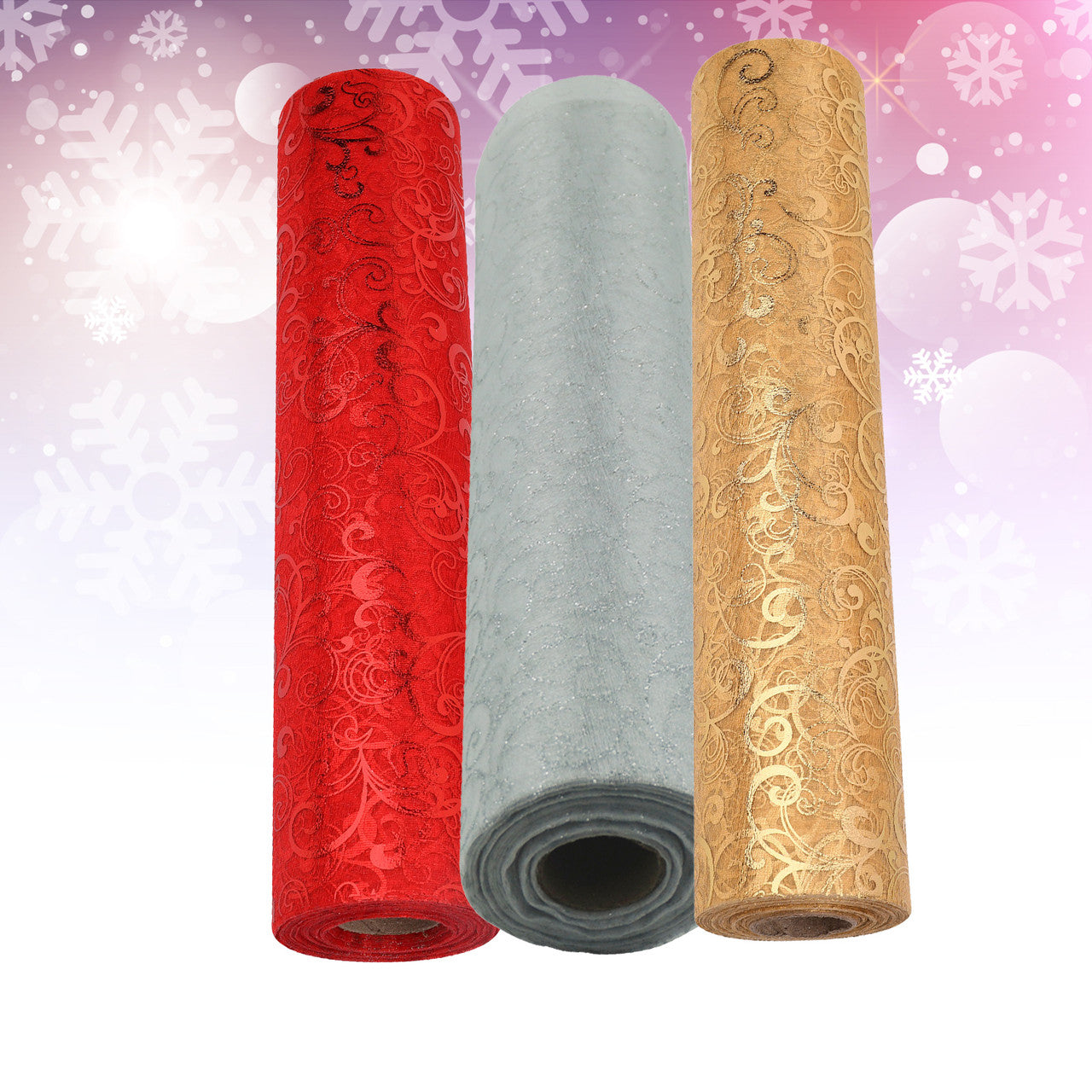 Organza Rolls - Flocked Design - 29cm x 25m - (Pack of 3) - Gold, White, Red