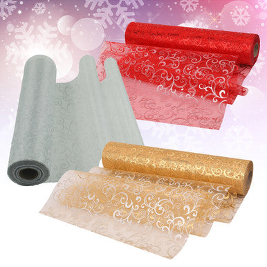 Organza Rolls - Flocked Design - 29cm x 25m - (Pack of 3) - Gold, White, Red