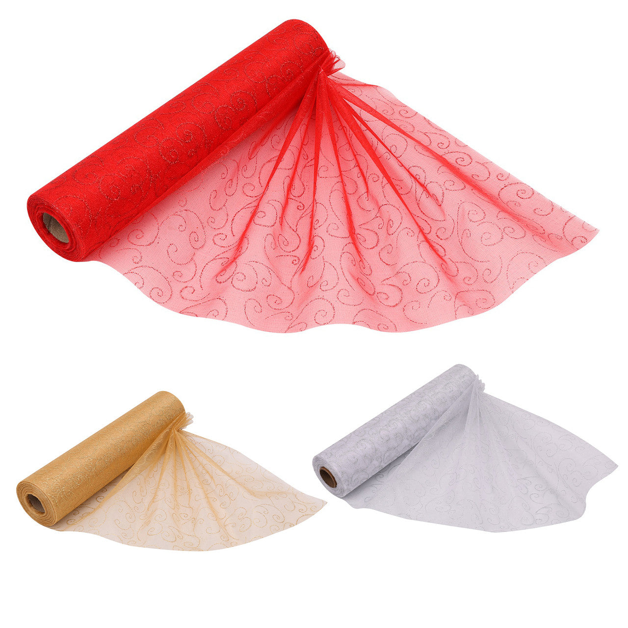 Organza Rolls - Printed Flocked Swirl Design - 29cm x 25m - (Pack of 3) - Gold, Silver, Red