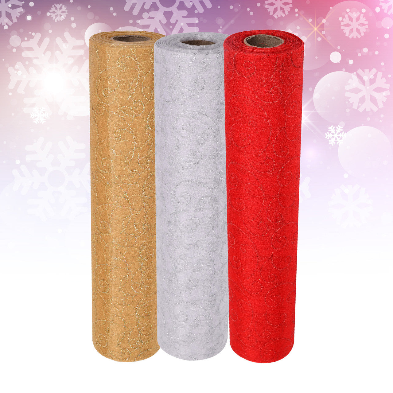 Organza Rolls - Printed Flocked Swirl Design - 29cm x 25m - (Pack of 3) - Gold, Silver, Red
