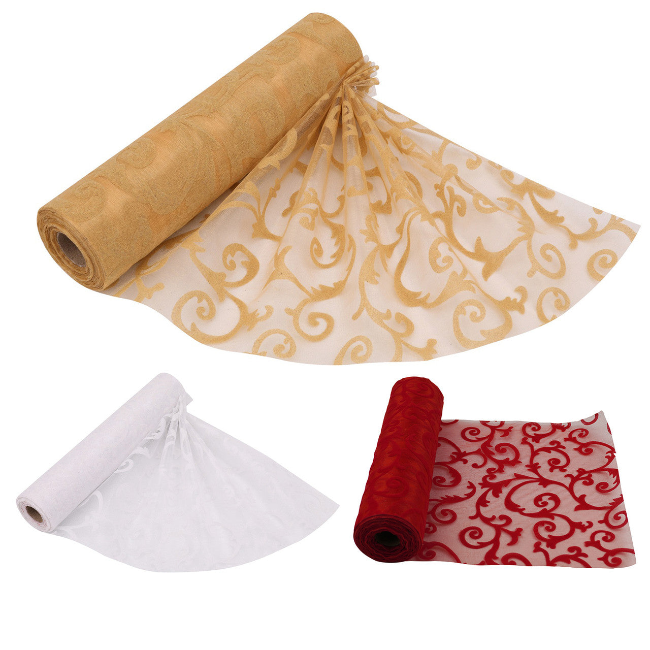 Organza Rolls - Large Print Flocked Design - 29cm x 25m - (Pack of 3) - Gold, White, Red