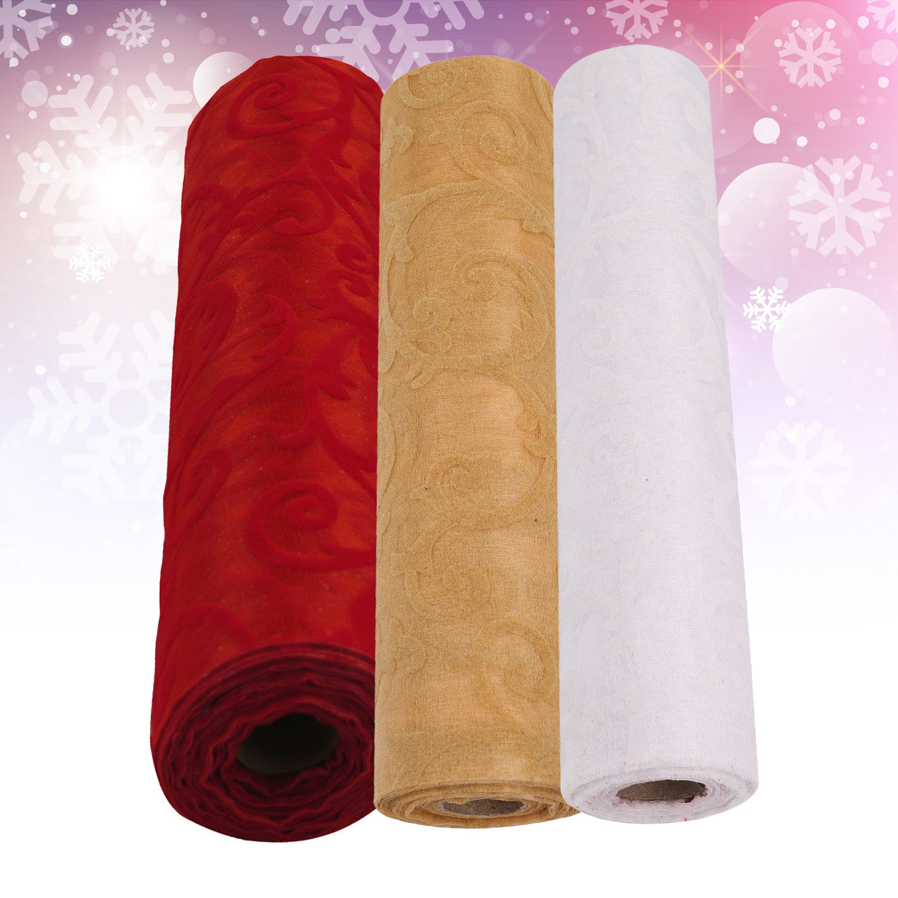 Organza Rolls - Large Print Flocked Design - 29cm x 25m - (Pack of 3) - Gold, White, Red