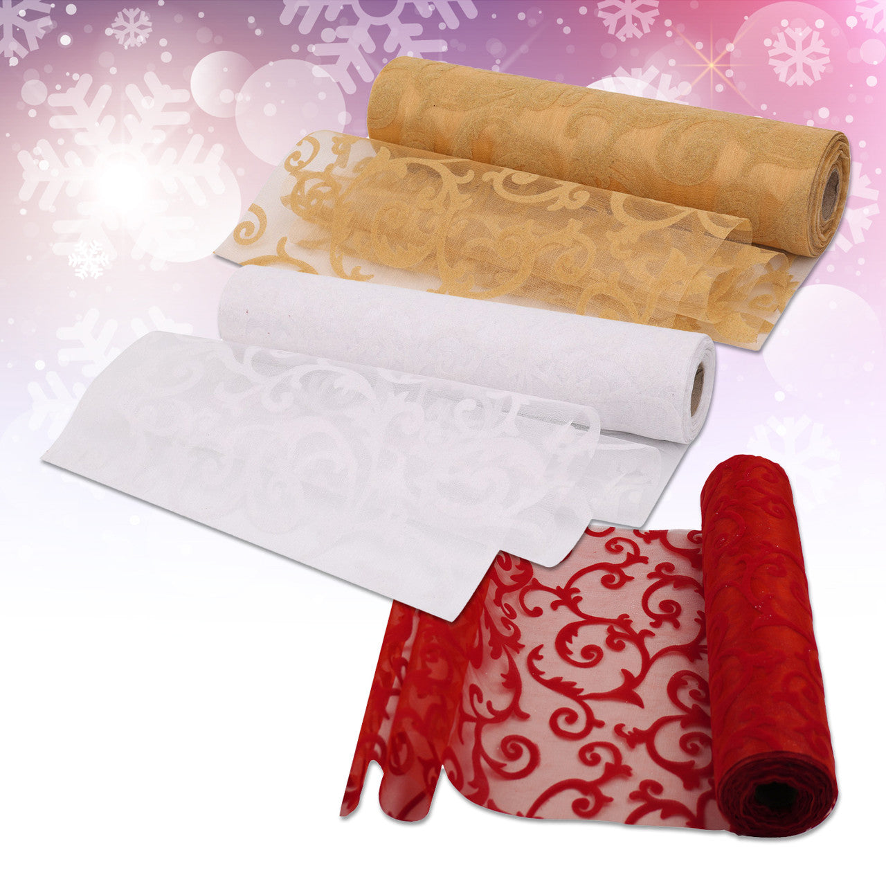 Organza Rolls - Large Print Flocked Design - 29cm x 25m - (Pack of 3) - Gold, White, Red