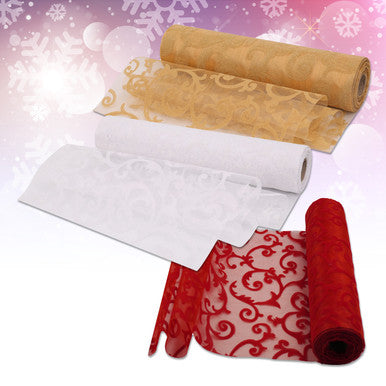 Organza Rolls - Large Print Flocked Design - 29cm x 25m - (Pack of 3) - Gold, White, Red