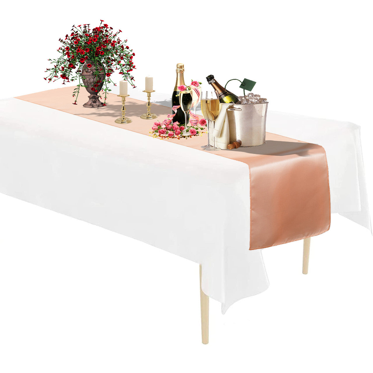Plastic Tablecloth and Satin Table Runner Set - White & Peach
