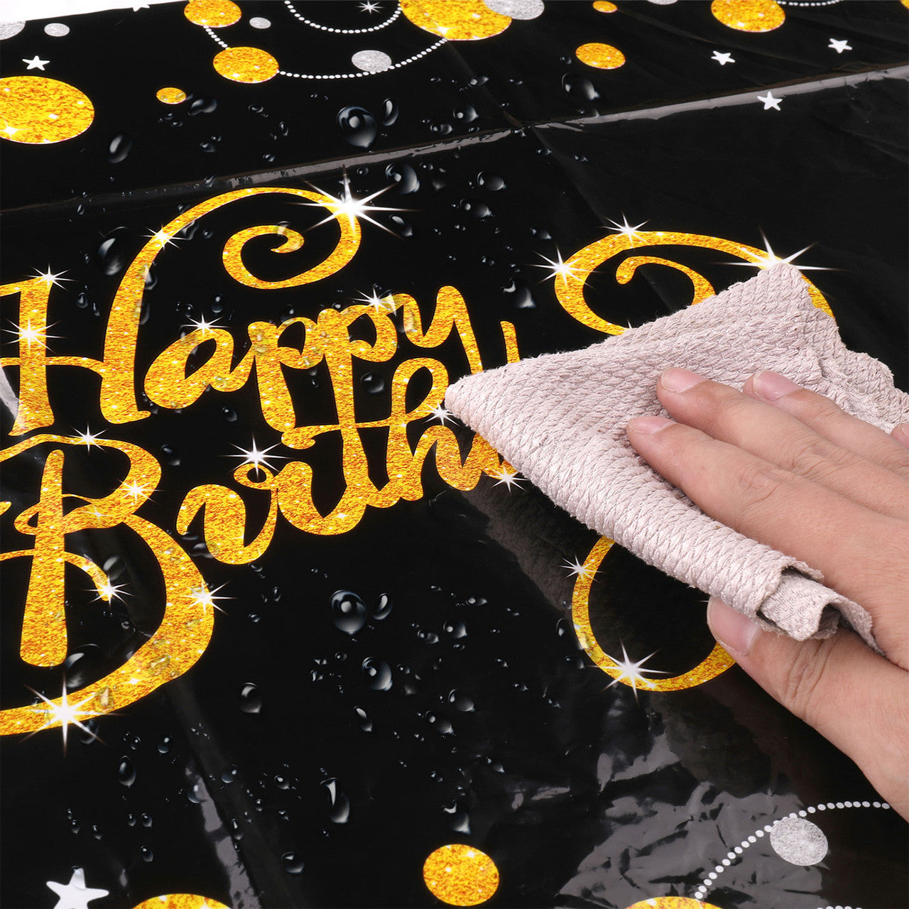 Happy Birthday Printed Plastic Tablecloth - 132cm x 220cm - Black & White