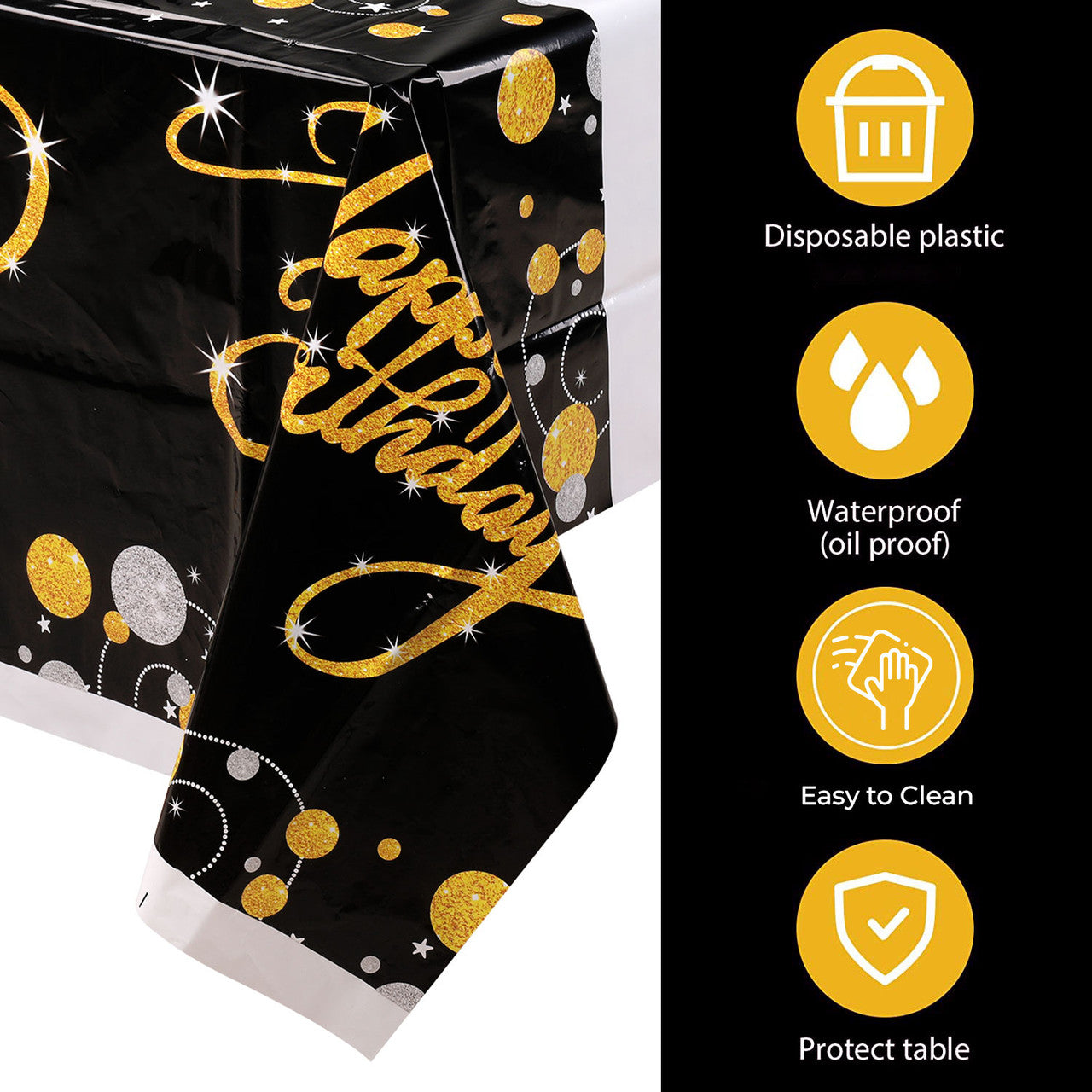 Happy Birthday Printed Plastic Tablecloth - 132cm x 220cm - Black & White