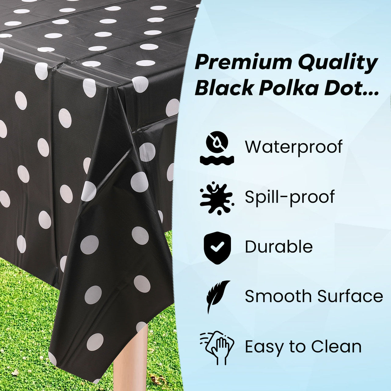 Rectangular Plastic Disposable Tablecloth - Black - White Polka Dot Print